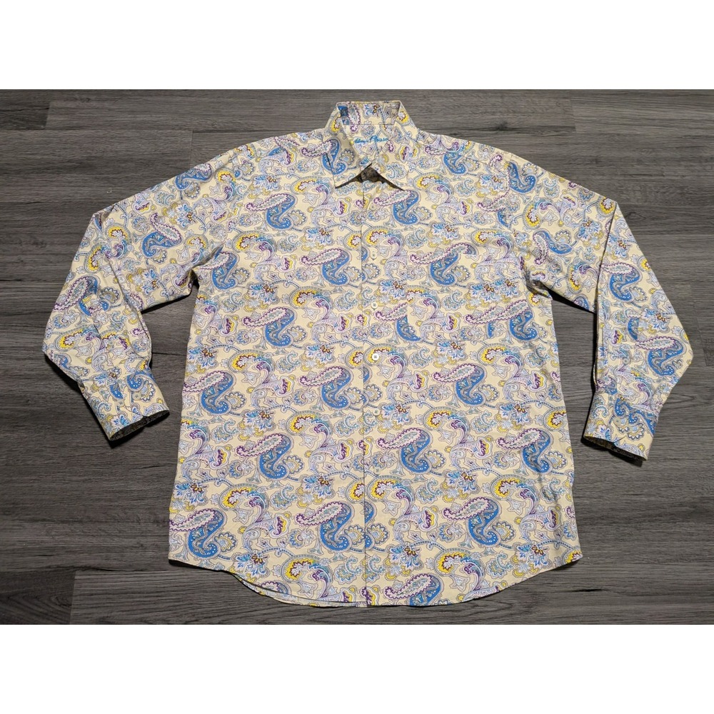 Alan Flusser Men's Yellow Blue Paisley Print Long Sleeve Button Up Shirt Size L